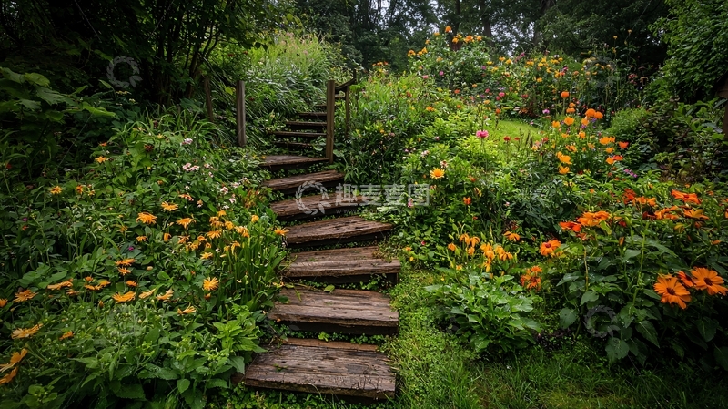 高清大图下载【趣麦麦图】花园中的石头台阶