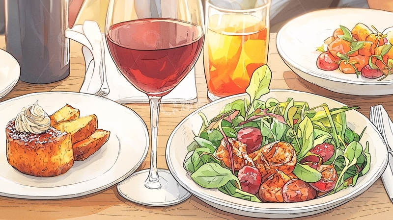 高清大图下载【趣麦麦图】精致的西餐与饮品手绘