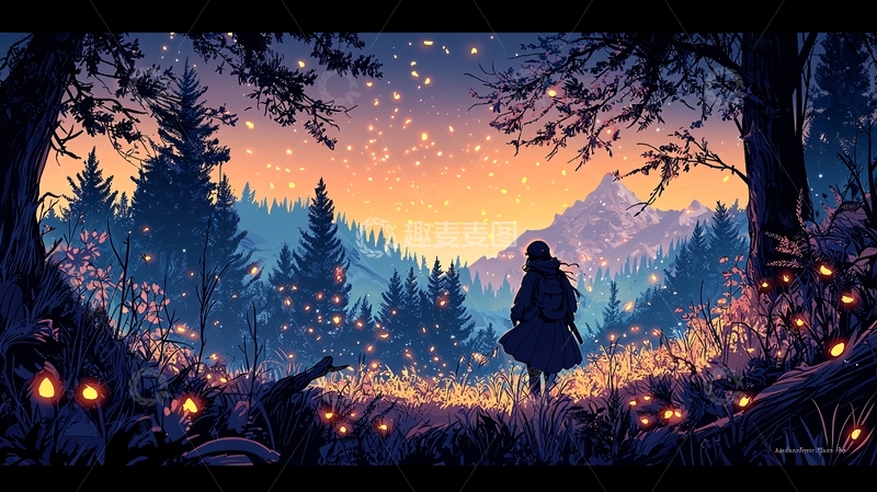 高清大图下载【趣麦麦图】女孩站在星空下的森林里