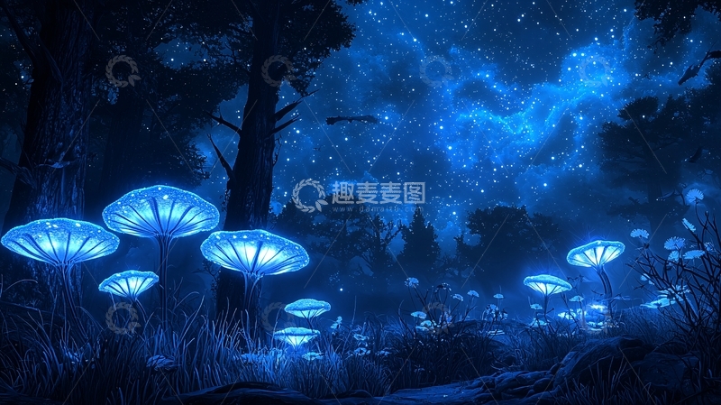 高清大图下载【趣麦麦图】梦幻森林中的发光蘑菇