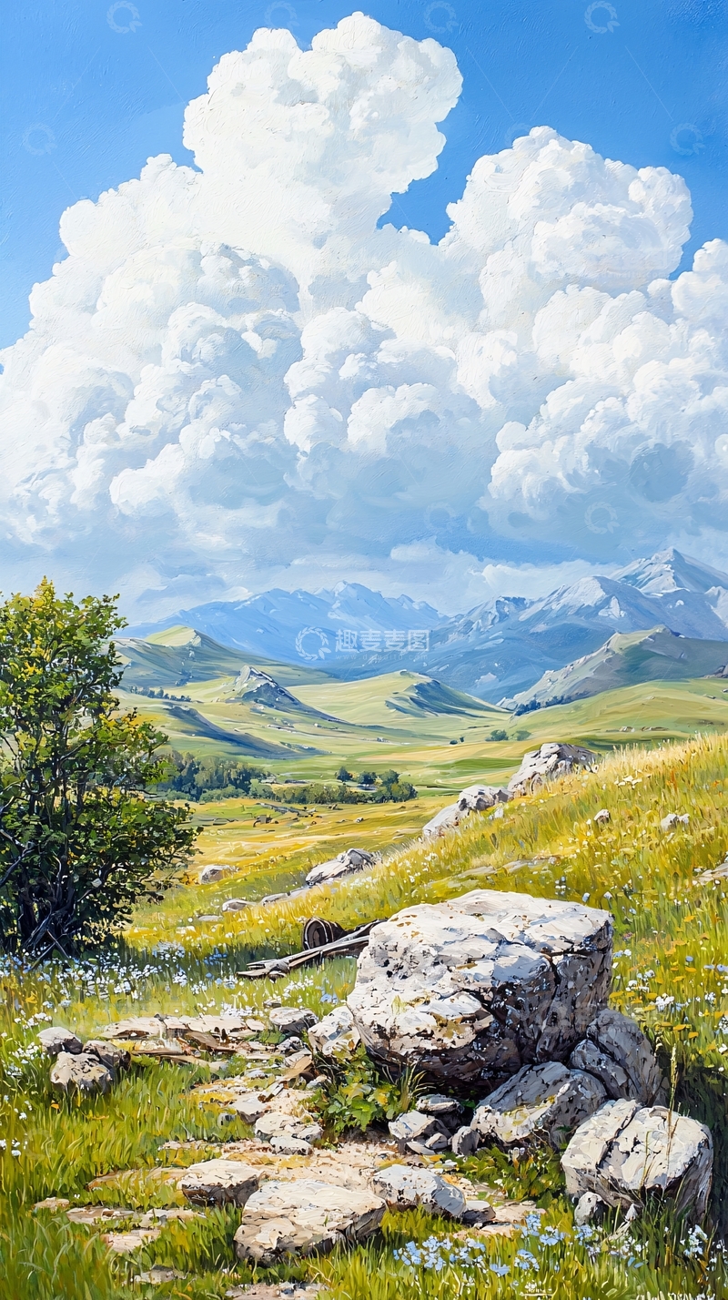 高清大图下载【趣麦麦图】山间草地与云彩的油画风景