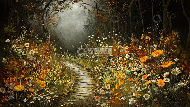 高清大图下载【趣麦麦图】森林小路鲜花盛开的景象