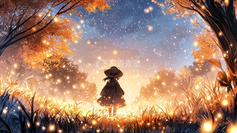 高清大图下载【趣麦麦图】少女独自走在星光森林里