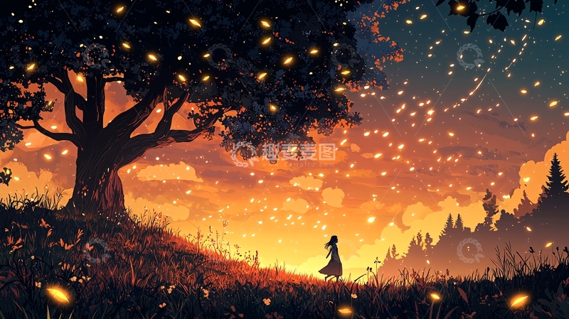 高清大图下载【趣麦麦图】树下女孩仰望星光
