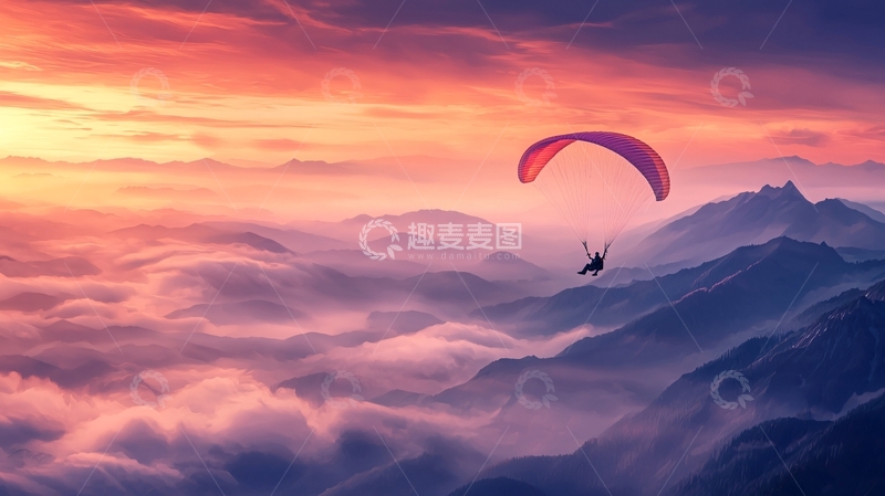 高清大图下载【趣麦麦图】日落山间滑翔伞飞行
