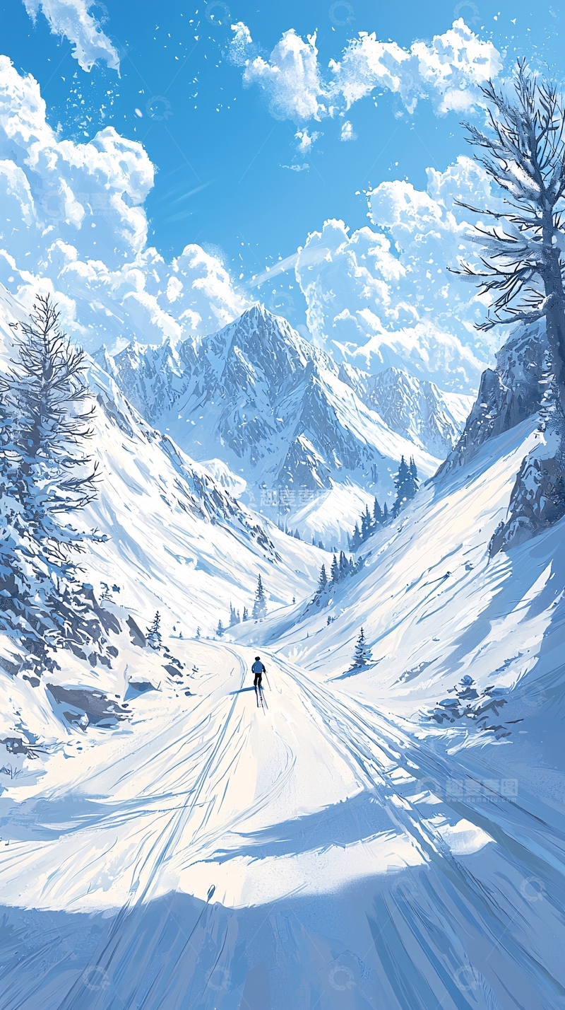 高清大图下载【趣麦麦图】雪景中的单人滑雪者