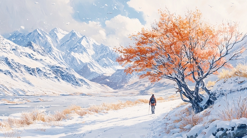 高清大图下载【趣麦麦图】雪地徒步风景画