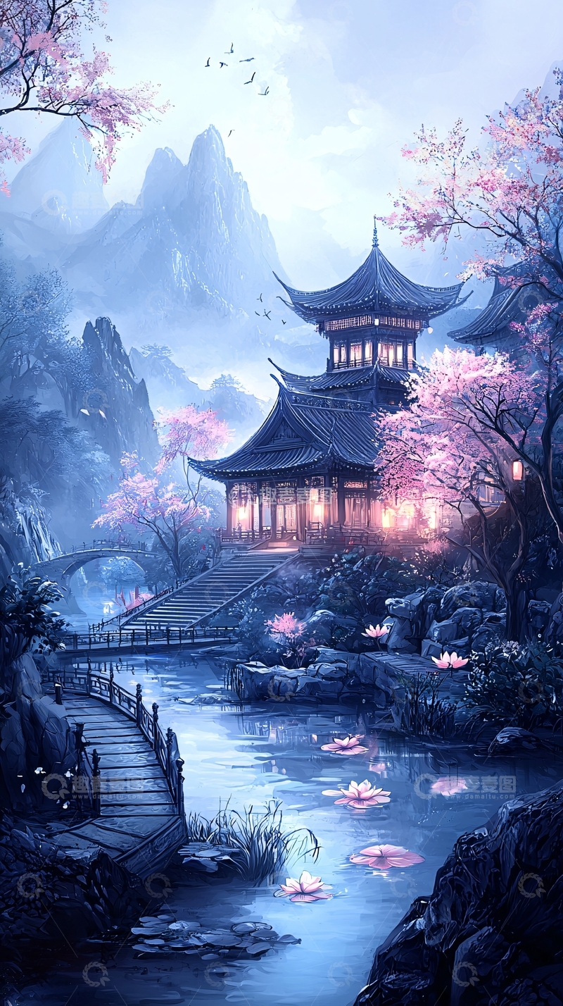高清大图下载【趣麦麦图】梦幻山水古亭樱花图