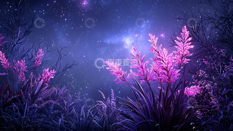 高清大图下载【趣麦麦图】梦幻紫色星空下的植物世界