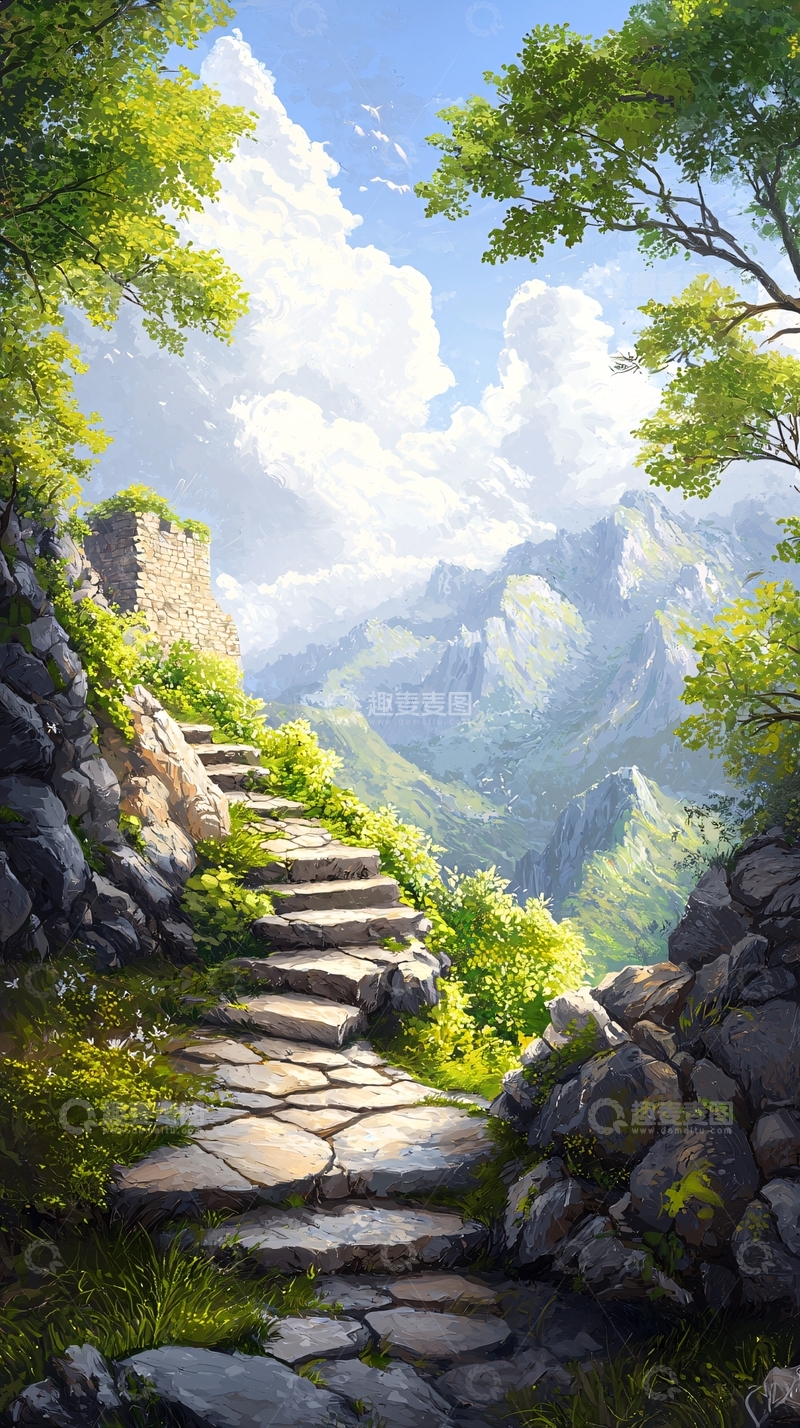 高清大图下载【趣麦麦图】山间石阶与绿树蓝天