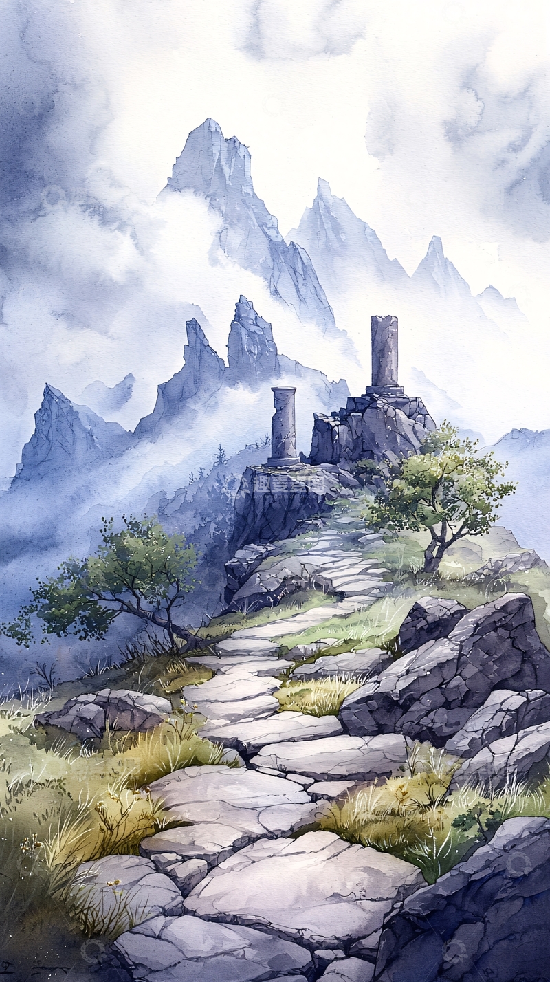 高清大图下载【趣麦麦图】山间古堡石径图