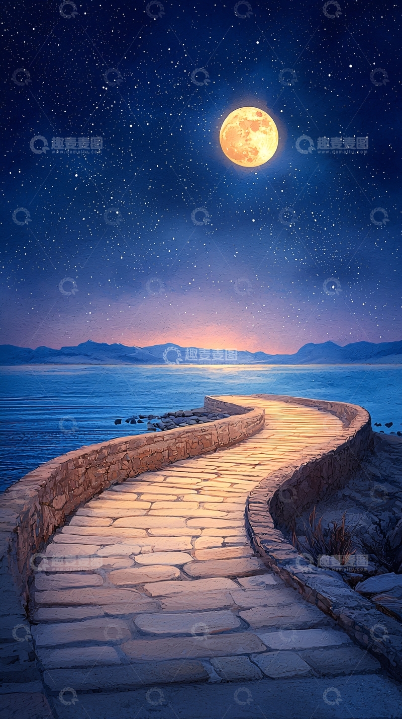 高清大图下载【趣麦麦图】月光下的石径夜景