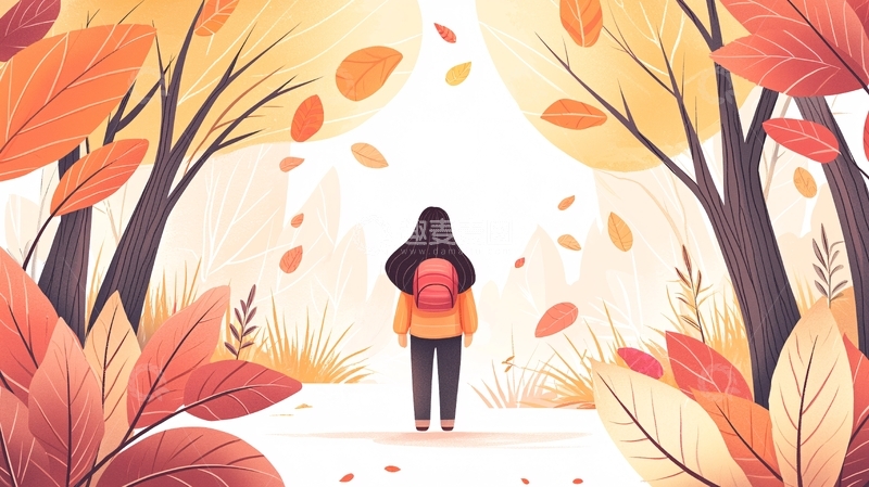 高清大图下载【趣麦麦图】秋日女孩背影漫步森林