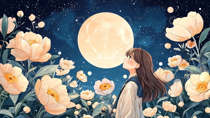 高清大图下载【趣麦麦图】少女赏月唯美插画