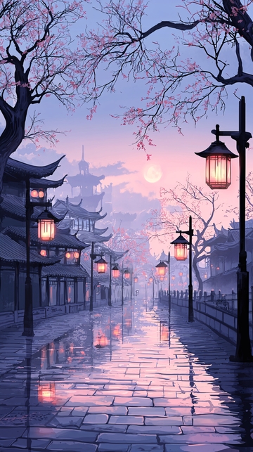 雨后古街夜景
