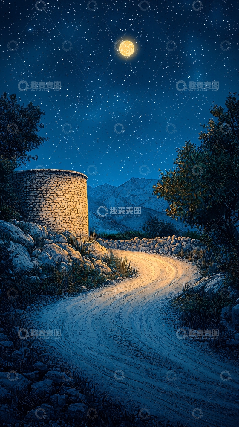 高清大图下载【趣麦麦图】月光下的乡村小路
