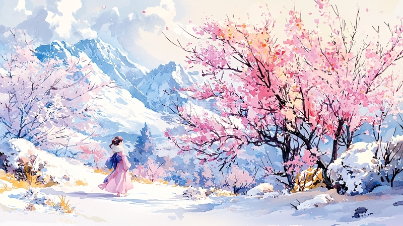 高清大图下载【趣麦麦图】雪地粉色花树下的女子