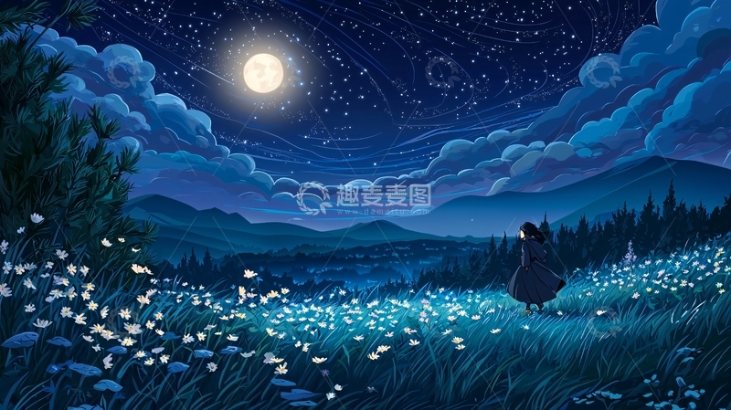 高清大图下载【趣麦麦图】月光下的花田夜晚