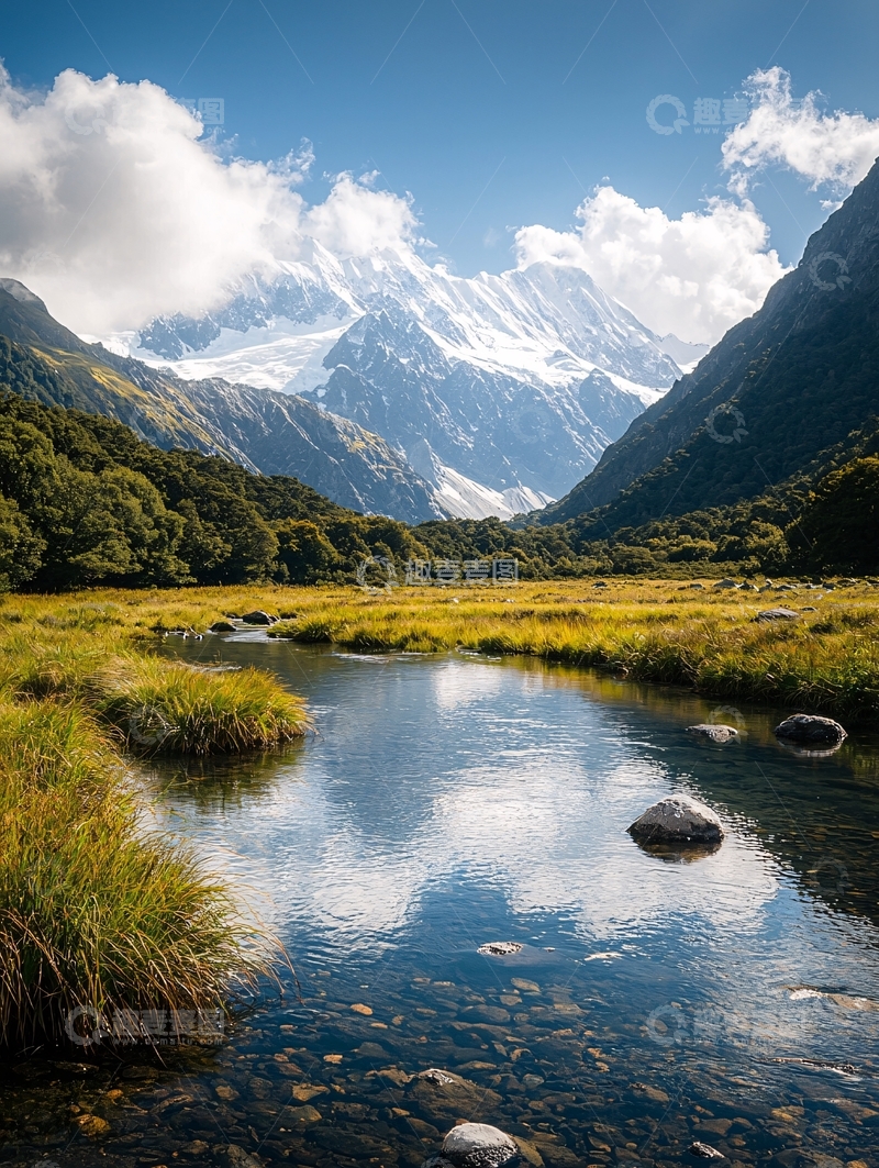 高清大图下载【趣麦麦图】雪山下的宁静河流