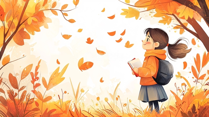 高清大图下载【趣麦麦图】秋日少女抬头看落叶