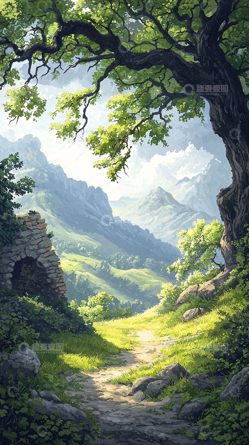 高清大图下载【趣麦麦图】山间小径与古树