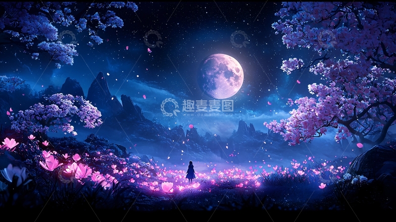高清大图下载【趣麦麦图】唯美月夜樱花树林
