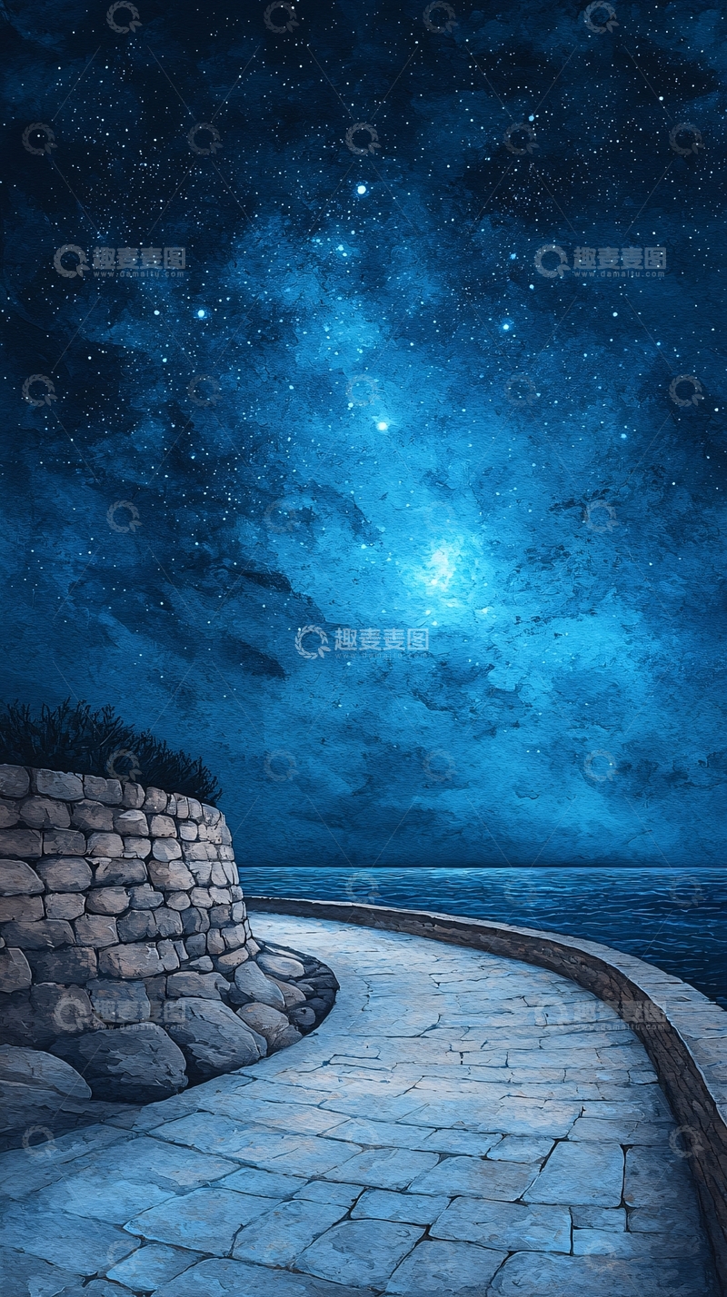 高清大图下载【趣麦麦图】夜空下的石路与海