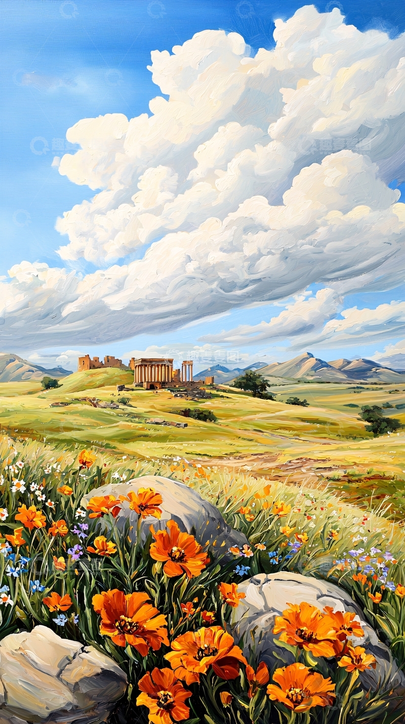 高清大图下载【趣麦麦图】古希腊神庙与野花盛开的田园风光