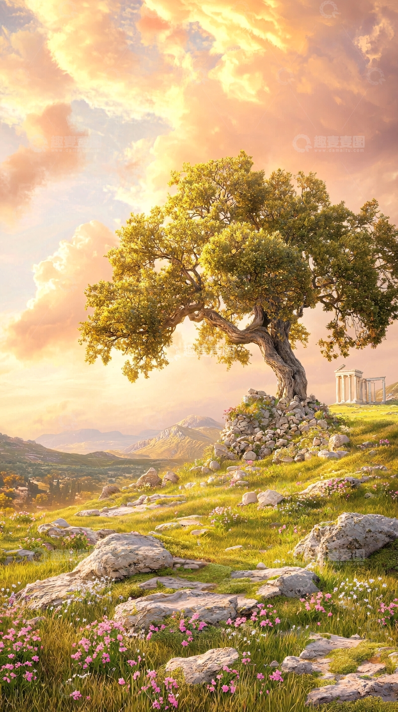 高清大图下载【趣麦麦图】古树与石墙下的宁静自然风光