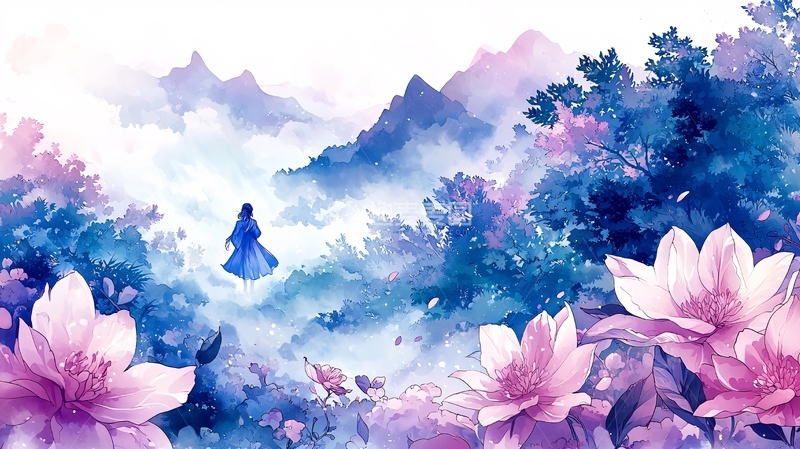 高清大图下载【趣麦麦图】水墨风仙境中的人物背影