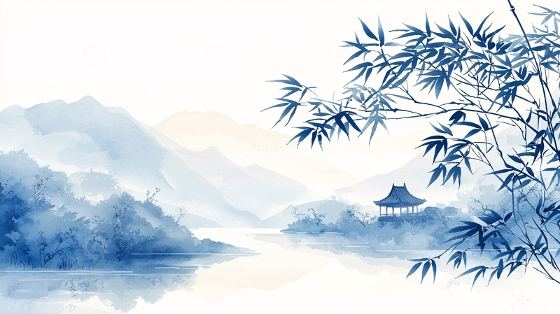 高清大图下载【趣麦麦图】水墨山水竹林亭台