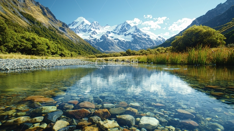 高清大图下载【趣麦麦图】雪山下的清澈河流