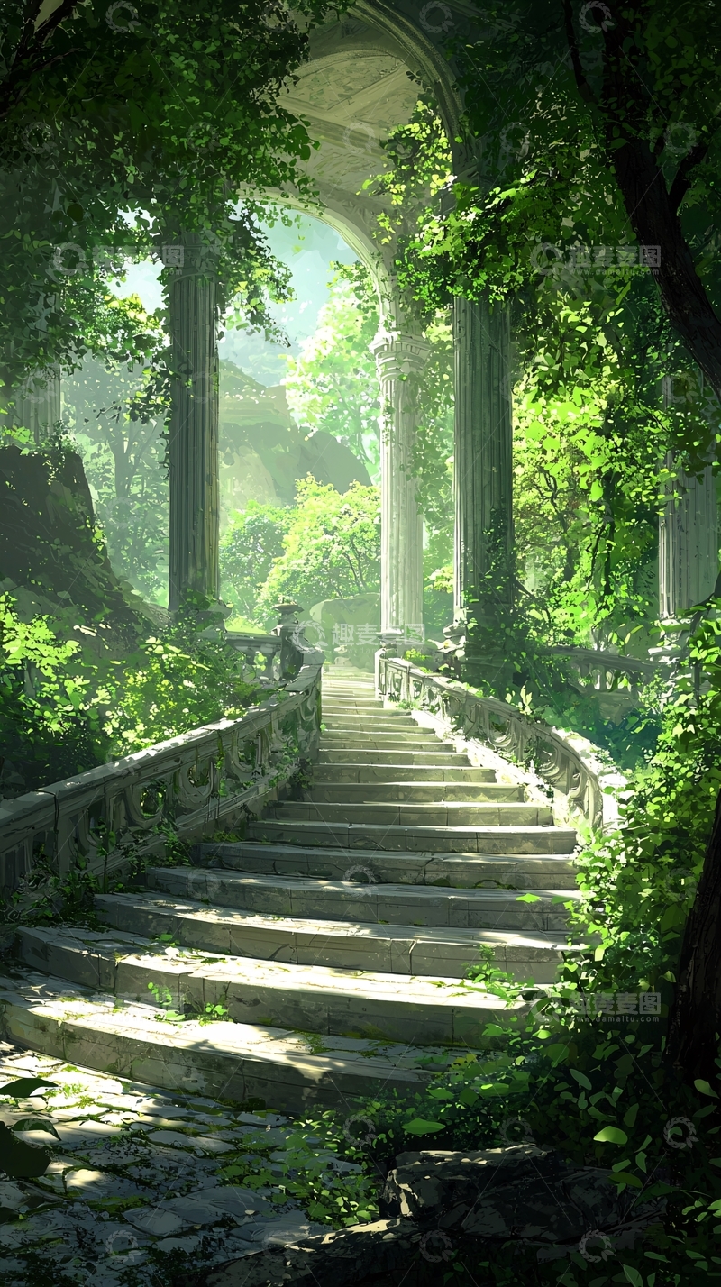 高清大图下载【趣麦麦图】绿意盎然的石阶与柱廊