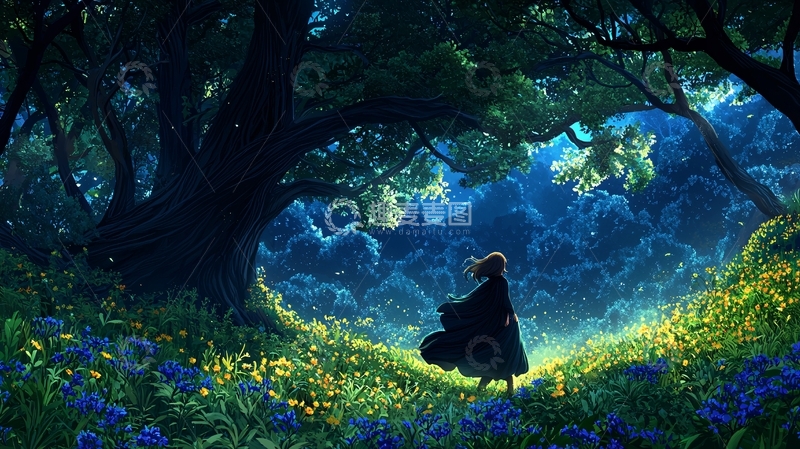 高清大图下载【趣麦麦图】森林夜景中的孤独身影
