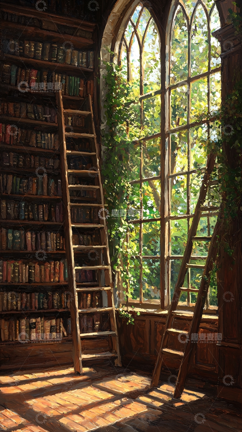 高清大图下载【趣麦麦图】阳光洒满古老图书馆