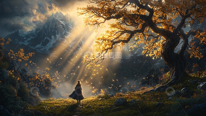 高清大图下载【趣麦麦图】林中光影下的旅人