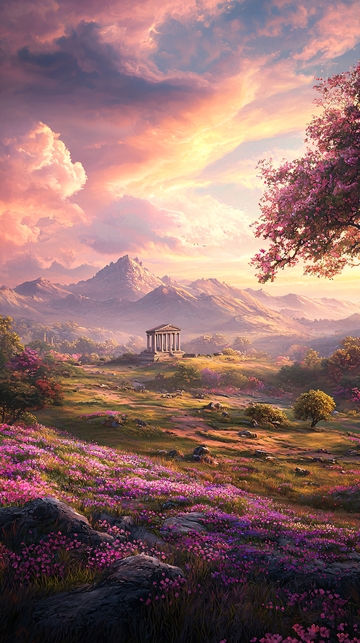 梦幻山间古庙花海