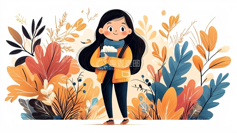 高清大图下载【趣麦麦图】卡通女孩在花丛中读书