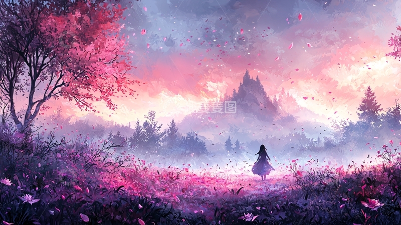 高清大图下载【趣麦麦图】梦幻紫色花田少女背影