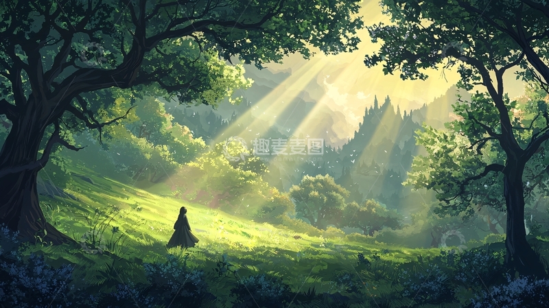 高清大图下载【趣麦麦图】森林中光束照耀下的身影