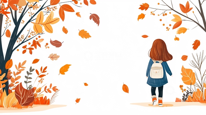 高清大图下载【趣麦麦图】秋日少女落叶缤纷的场景