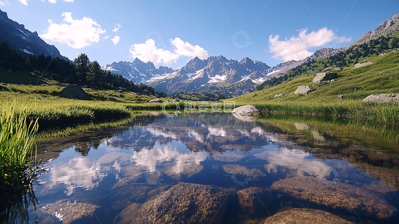 高清大图下载【趣麦麦图】宁静湖面映雪山蓝天