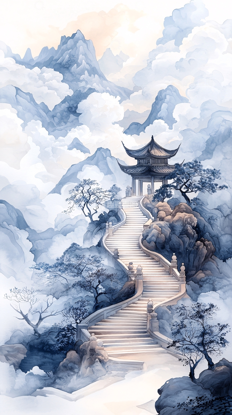 高清大图下载【趣麦麦图】云雾缭绕古塔石阶