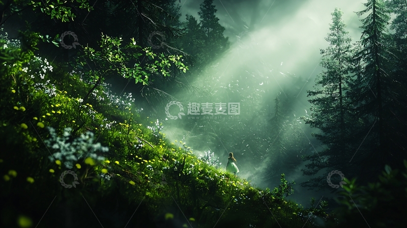 高清大图下载【趣麦麦图】阳光穿透森林的迷雾