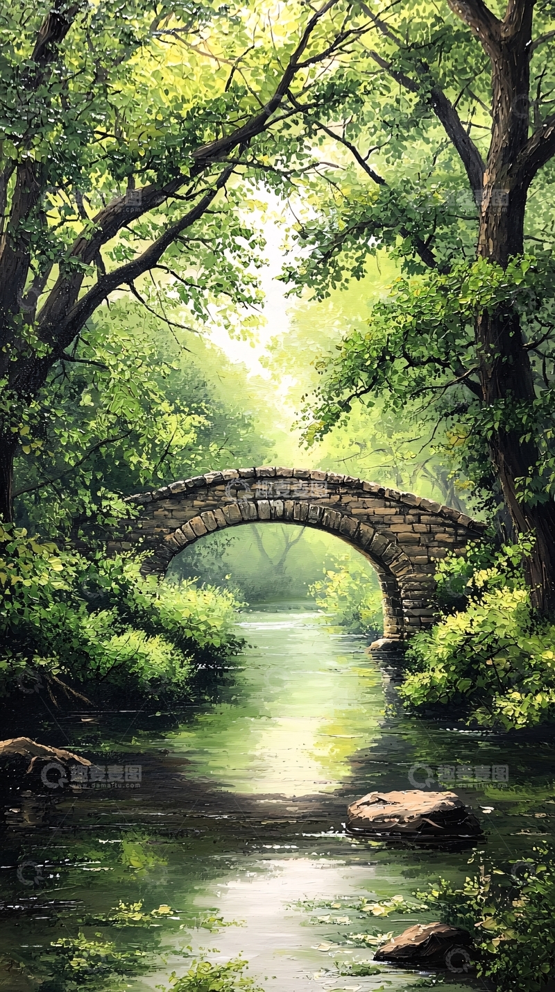 高清大图下载【趣麦麦图】石桥绿树小溪自然风景