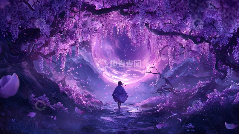 高清大图下载【趣麦麦图】紫色梦幻山洞人影