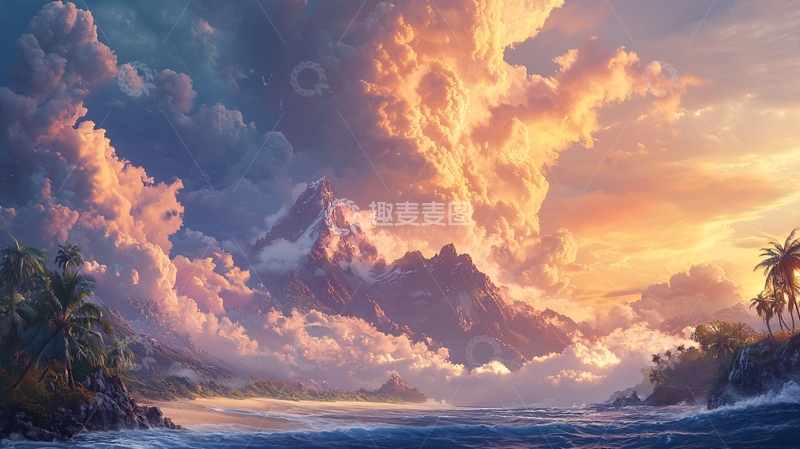 高清大图下载【趣麦麦图】金色云彩下的岛屿景色