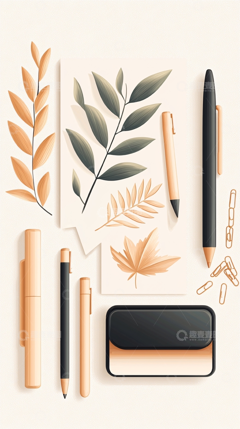高清大图下载【趣麦麦图】秋日文具与植物插画组合