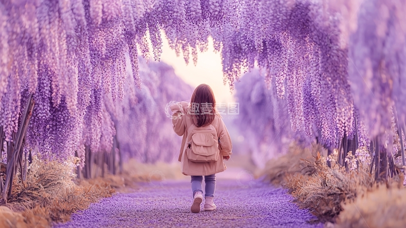 女孩走向紫色的花洞