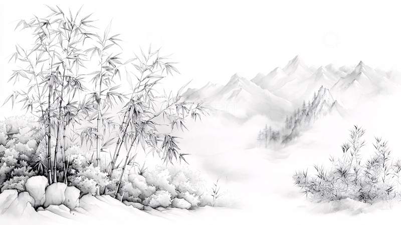 高清大图下载【趣麦麦图】水墨风格的山水竹林图